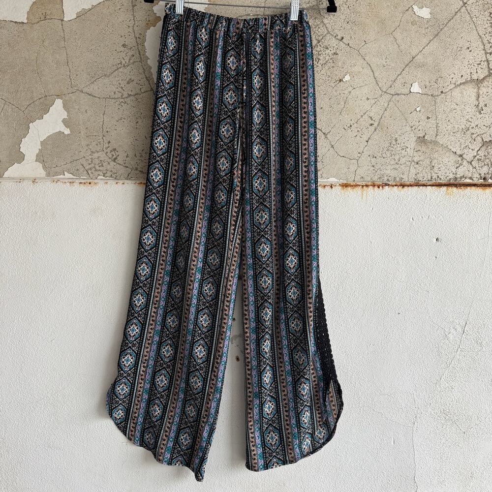 Boho Wide Leg Pants Crochet Trim Black Teal Festival Hippie Womens S‎